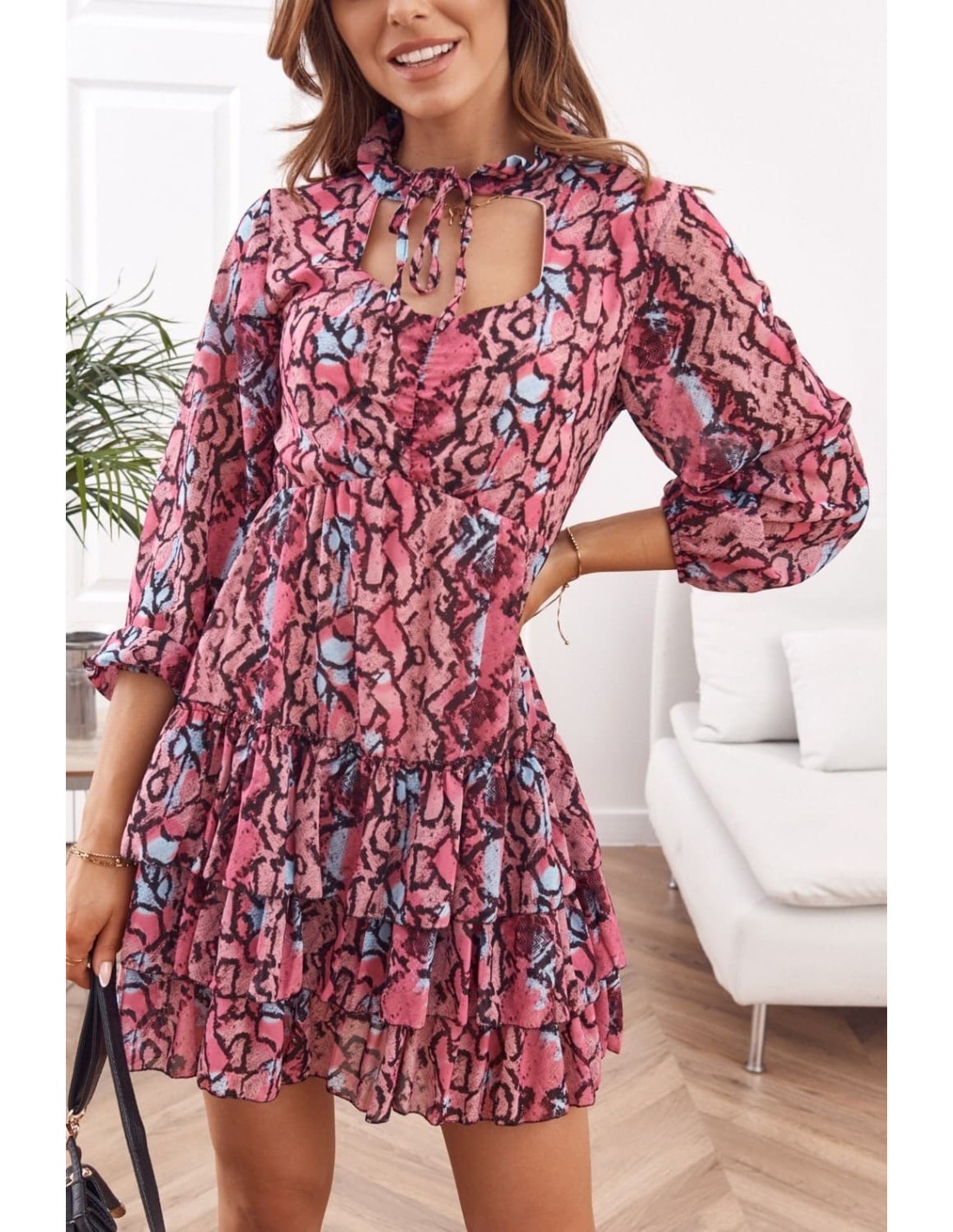 Casual dress with ruffles, pink 9105 - Online store - Boutique